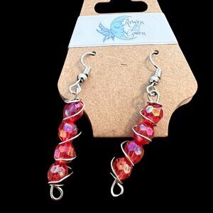 Silver Wire Drop Earrings, Spiral Design with Red Acrylic Gems, Handmade
